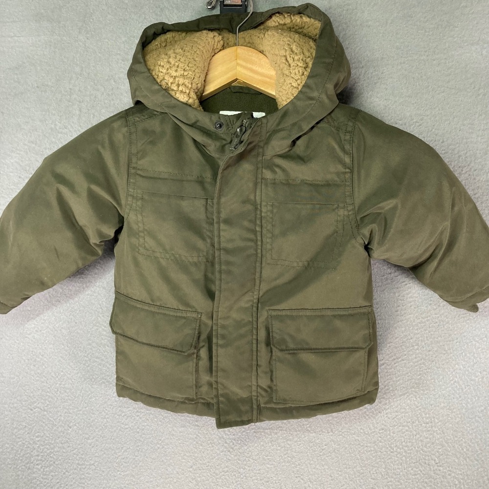 Kids Expedition Parka‎ Jacket Boys Girls Green Sherpa Lined Hooded Winter 18-24M